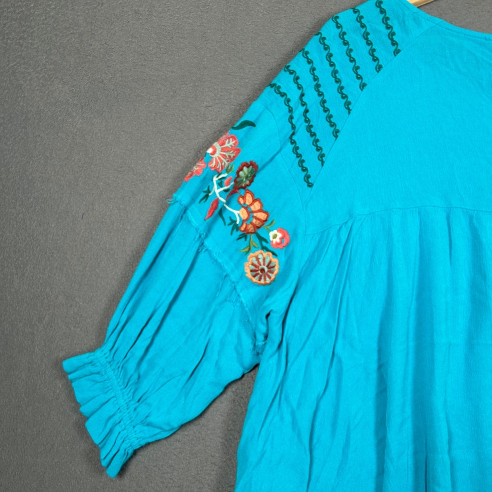 Easel Top Womens M Turquoise Blue Embroidered Boho Tassel Peasant Blouse ET20348 - Picture 3 of 7